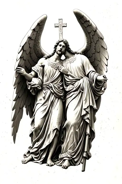 st michael the archangel and st andrew the apostle, next to each other, both angled toward the middle, realistic, rough tattoo design idea