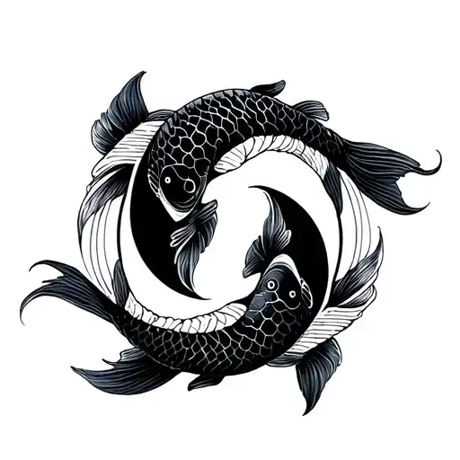 Minimalist blackwork tattoo design of the Pisces zodiac sign. Two koi fish swimming in a Yin Yang circle shape, with bol tattoo design idea