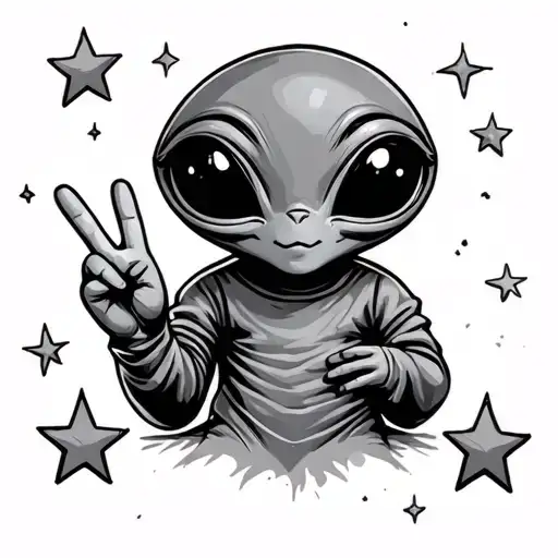 a cute alien holding a peace sign in stars tattoo design idea