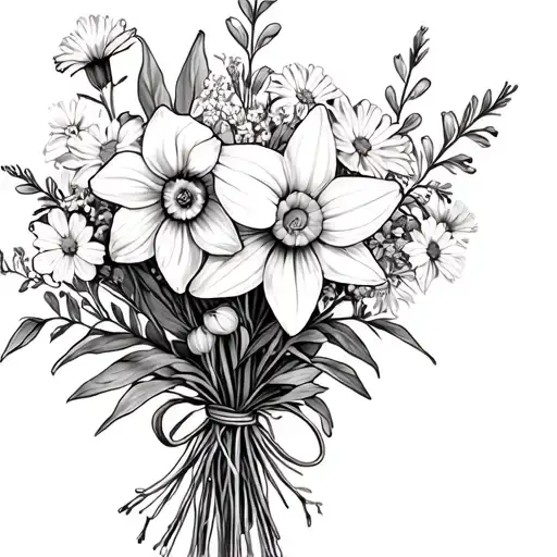 tied bouquet daffodil honeysuckle larkspur and daisy drawing tattoo design idea