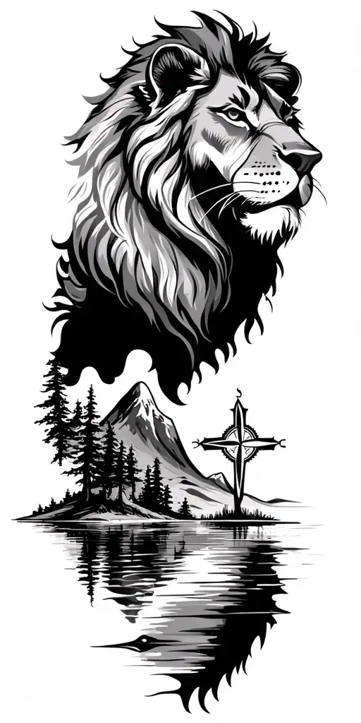 lion, mountains, lake, trees, christian / cross, compass, tattoo design idea