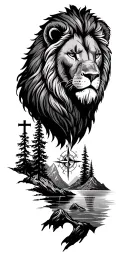 lion, mountains, lake, trees, christian / cross, compass, tattoo design idea