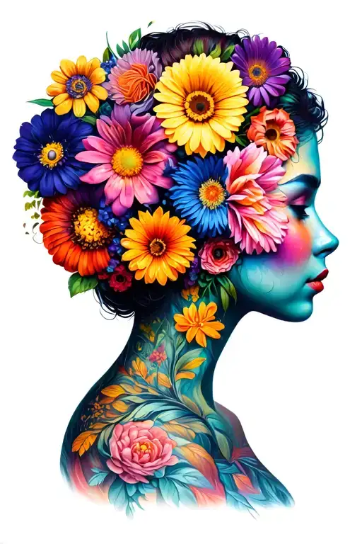 lots of different real flowers in yarn on top of female head side profile. very colorful tattoo design idea