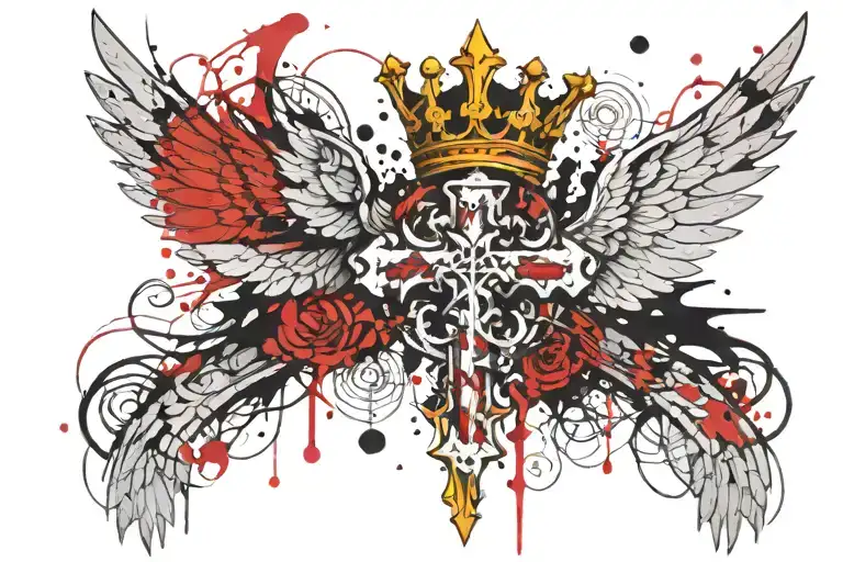 cross with wings and crown on the throat geosymtric tattoo design idea