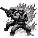 Helldivers 2 Soldier fighting termits and Droppot in Flames in the Background tattoo design idea