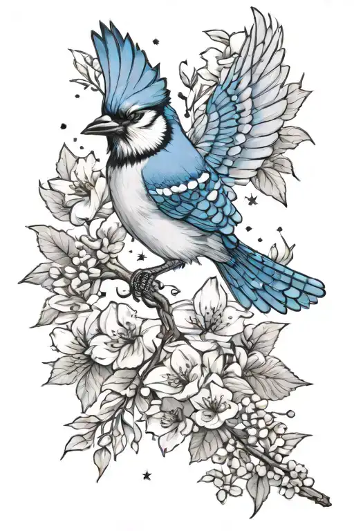 blue jay bird flying, larkspur flowers, stars tattoo design idea