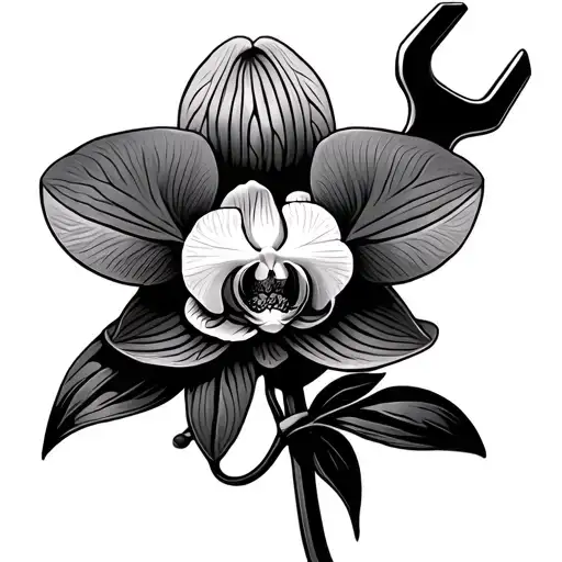 white orchid, pink carnation, mechanic spanner, knitting  tattoo design idea