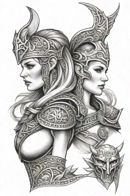 Viking ship and valkyrie warrior woman face tattoo design idea