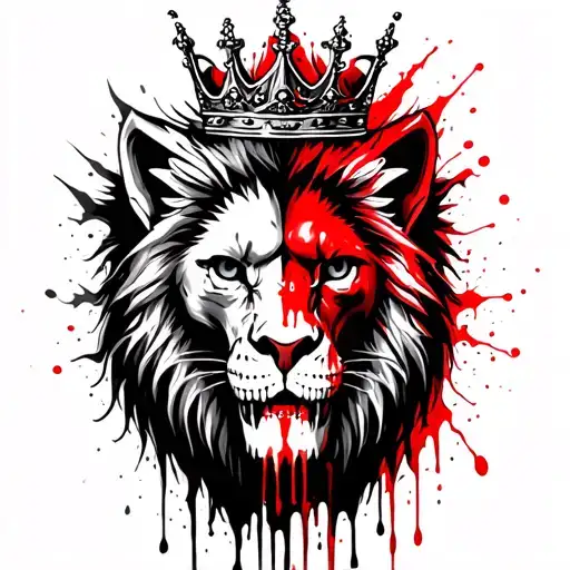 half lion half demon wit a crown bloody tears dropping wit Skeleton tattoo design idea