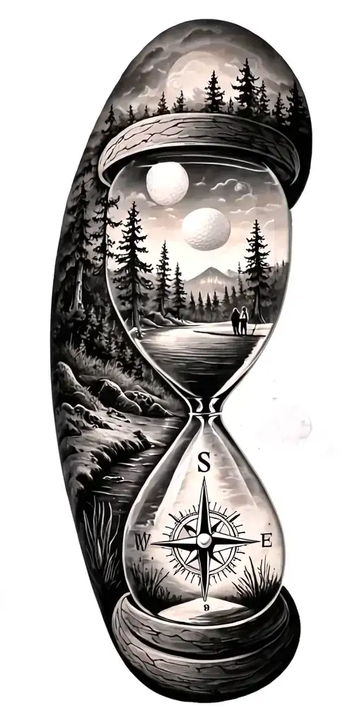 family and forest and hour glass and compass golf course tattoo design idea