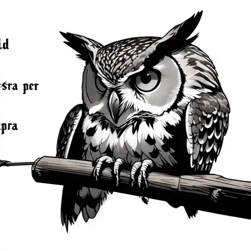 great-horned owl on a perch looking into the camera lens with Latin words "ad astra per aspera" incorporated in tattoo design idea