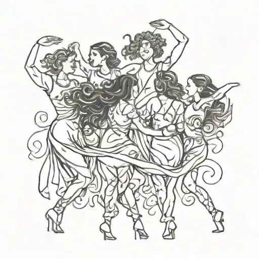 A sketch tattoo of a group of diverse women holding hands and dancing, symbolizing unity and empowerment tattoo design idea