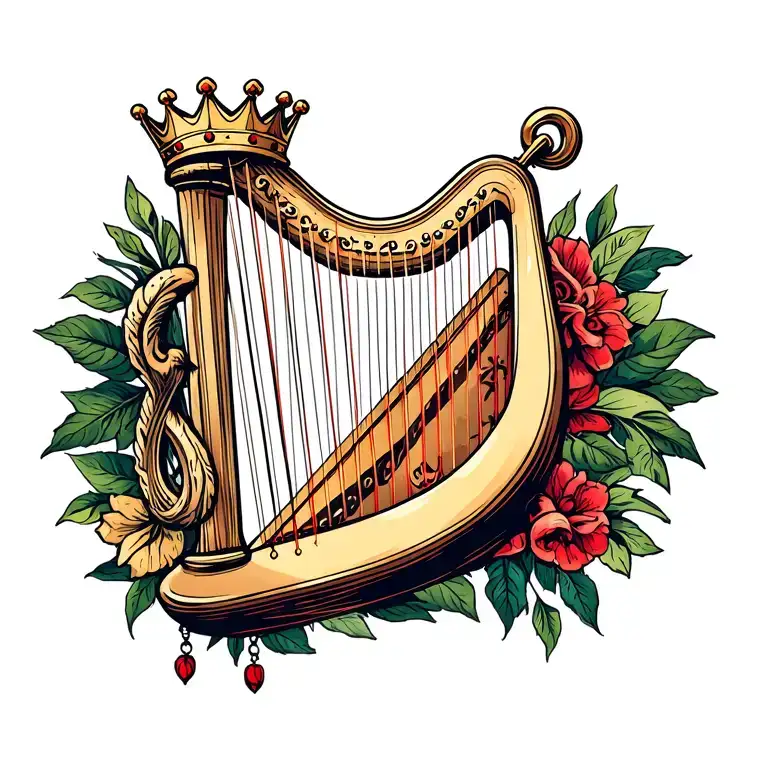 harp with crown hanging tattoo design idea