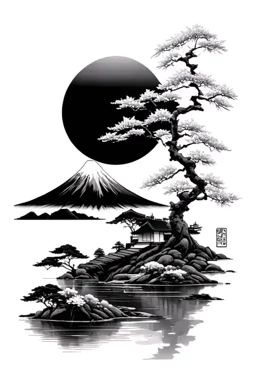 Japanese scenery with Fuji Mountain, cherry trees, maple leaves, Japanese sun, maple leaves, rivers, streams, and Tori g tattoo design idea