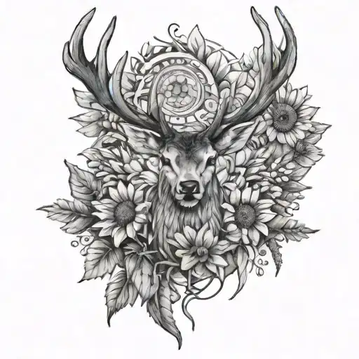 Stag and heather flowers and sunflowers tattoo design idea