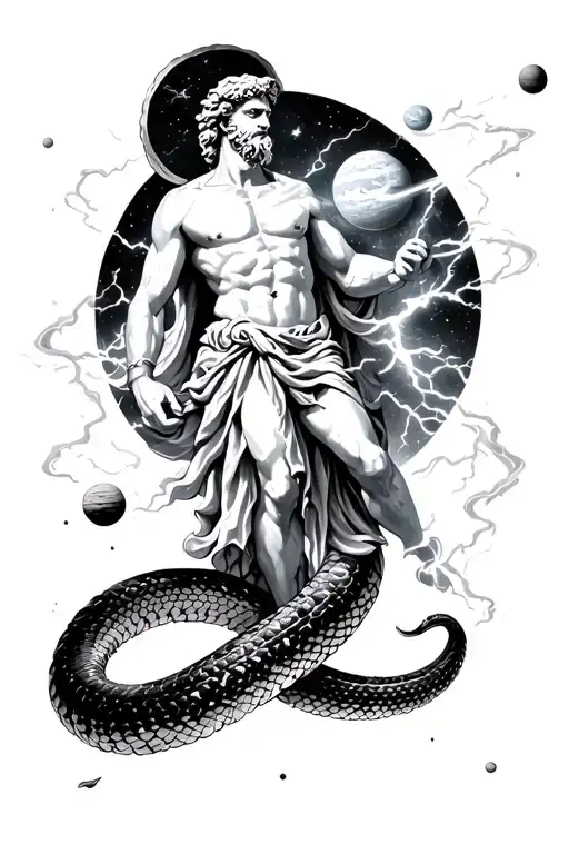 zeus with thunder strom,snake and planets orbiting tattoo design idea