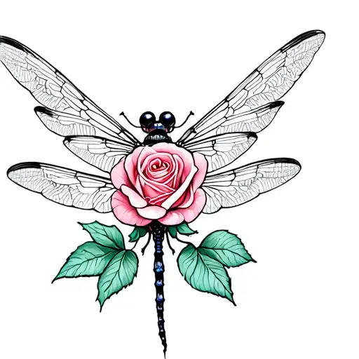 Rose and dragonfly with open wings tattoo design idea