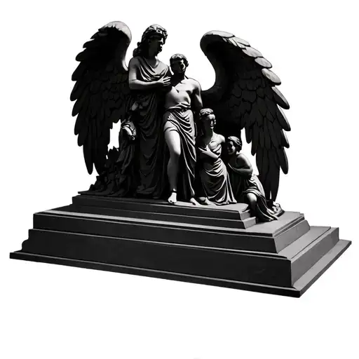 Suggest a sketch of a monument representing a complex of figures of a fighter and members of his family. The monument is based on the image of angel wings tattoo design idea