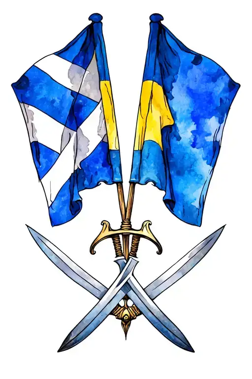Scotland & Ukraine flags crossed swords tattoo design idea
