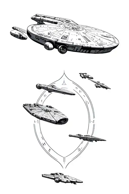 Stargate, enterprise 1701 D, battlstar galactica, millenium falcon, orville, planet express tattoo design idea