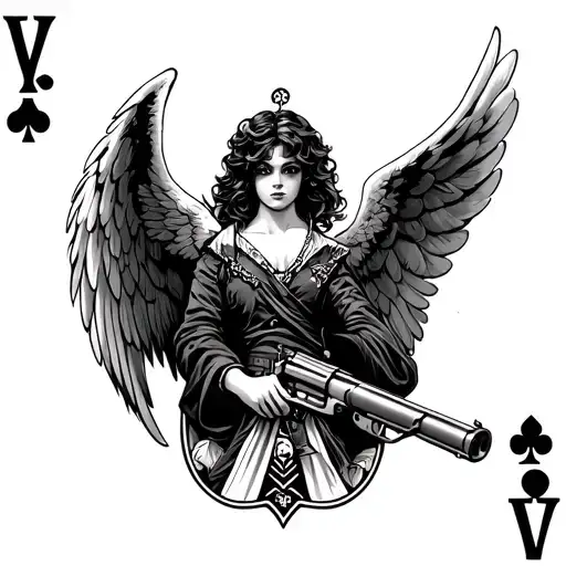 black angel with a shotgun shells spitfire ace playing card tattoo design idea