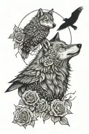 wolf, raven, moon, roses, vegetation tattoo design idea