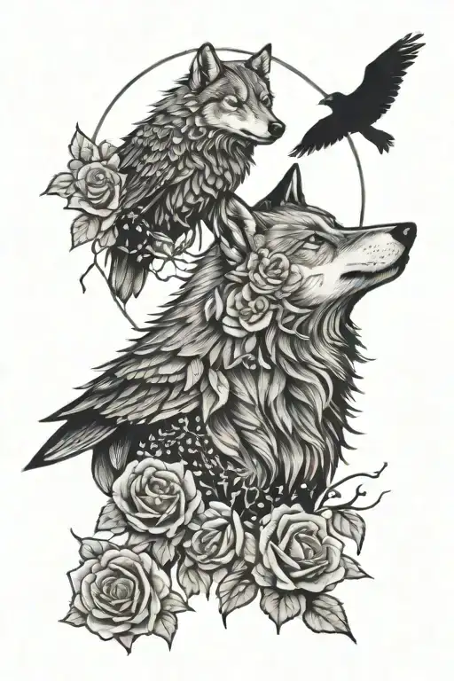 wolf, raven, moon, roses, vegetation tattoo design idea