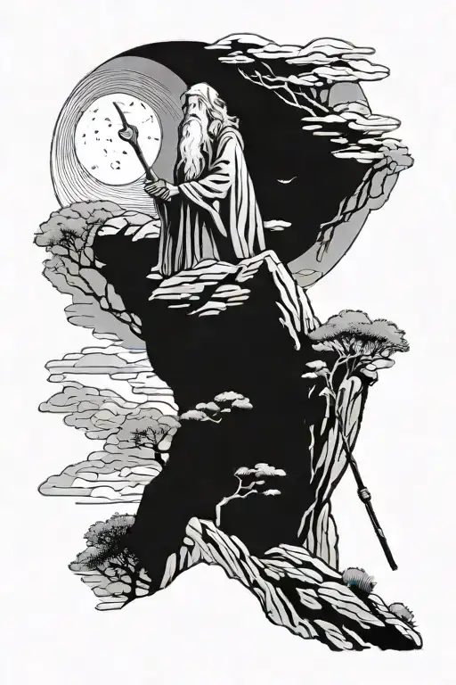 A silhouette of Gandalf standing on a cliff with his staff raised, overlooking a fantasy landscape tattoo design idea