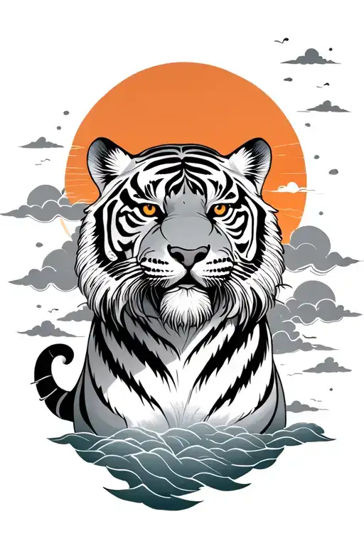 japanese style tiger with clouds and sun tattoo design idea