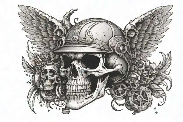 a skeleton in a helmet with cat ears, with wings that disintegrate into pixels (on the shoulders) two pistons at the bottom crossed tattoo design idea