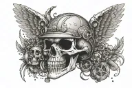 a skeleton in a helmet with cat ears, with wings that disintegrate into pixels (on the shoulders) two pistons at the bottom crossed tattoo design idea