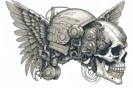 a skeleton in a helmet with cat ears, with wings that disintegrate into pixels (on the shoulders) two pistons at the bottom crossed tattoo design idea