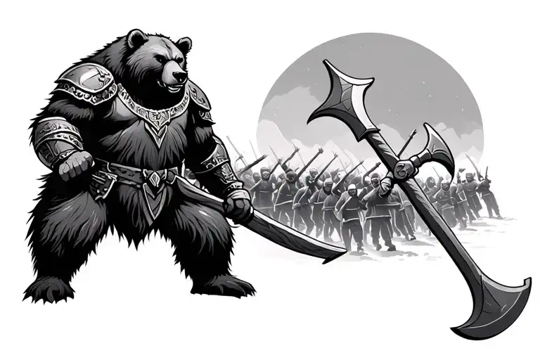back and grey bear in Viking armor holding a battle axe with a battle scene behind him tattoo design idea