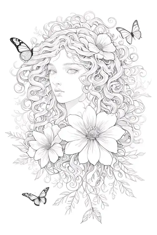 medusa with flowers and butterflies coming tattoo design idea