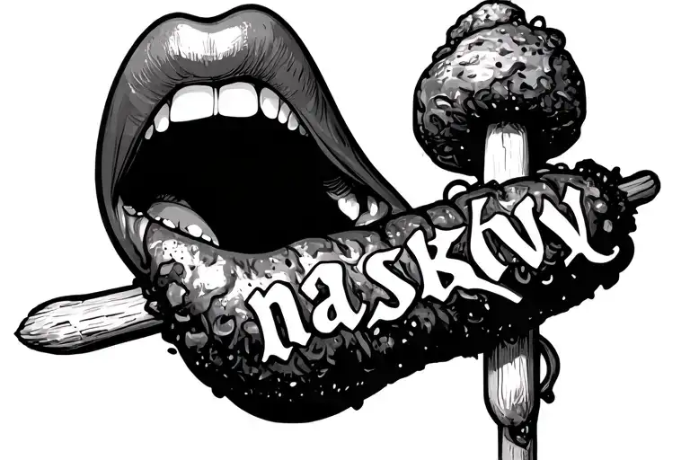 letters "naskov" in a kebab stick with a girls mouth biting on it tattoo design idea