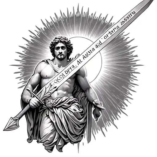 Deeply Nietzschean Greek god Apollo, holding a sword wihch has "per aspera ad astra" etched into it, above apollo is sun tattoo design idea