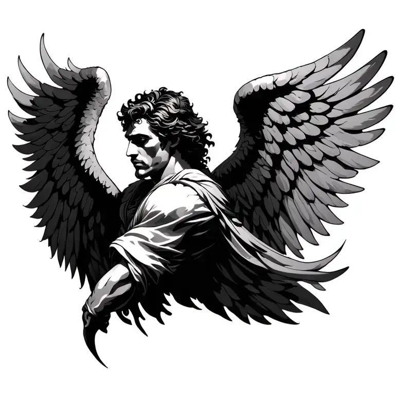 male angel no halo 1 wing in fire tattoo design idea