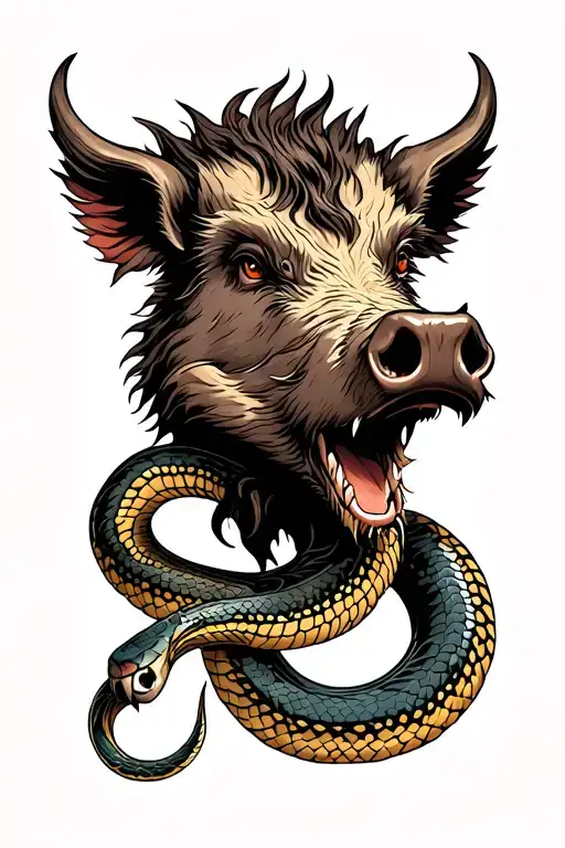 Boar head with snake tattoo design idea