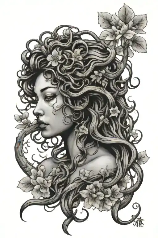 forward facing trans medusa surrounded by cherry blossoms tattoo design idea