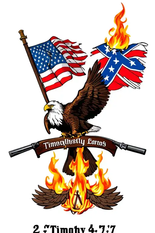 "2 Timothy 4:7" American & Confederate flag on fire muzzleloader poles, bald eagle holding torch and cross tattoo design idea