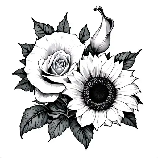 rose, sunflower and calla Lilly tattoo design idea
