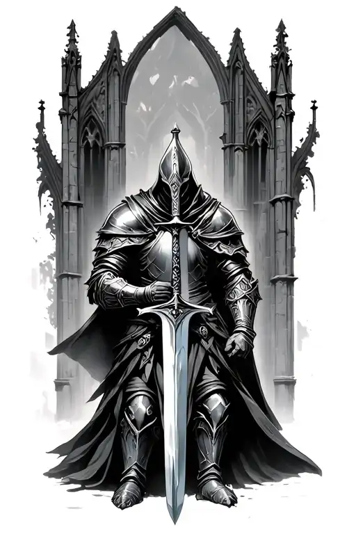 Dark Souls knight holding a sword. A gothic catedral behind tattoo design idea