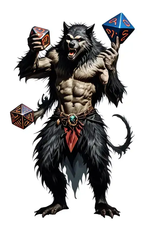 Werewolf holding D20 dice tattoo design idea