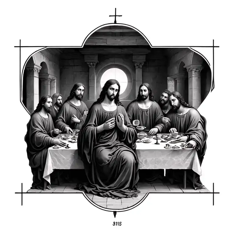 Last Supper with mary magdalene at jesus right side instead of jhon and include the other diciples in their usual spot tattoo design idea
