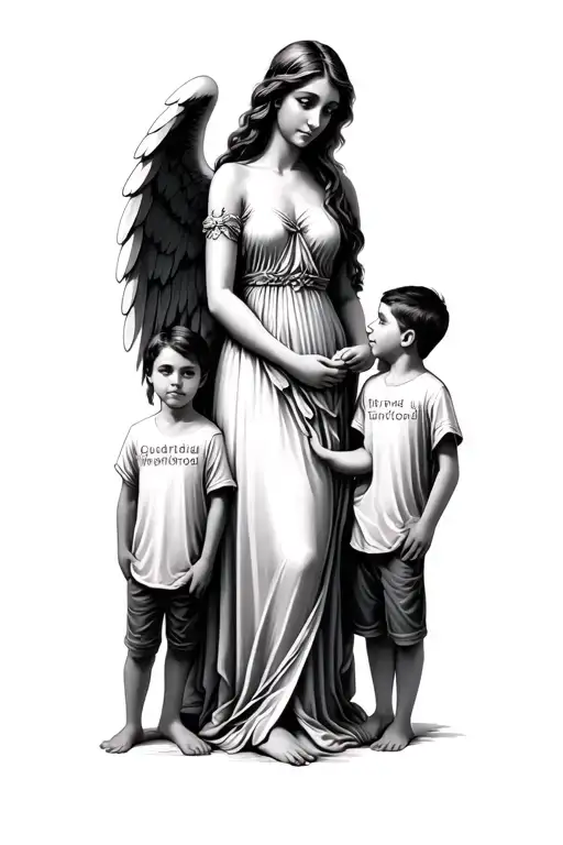 A mother described as a guardian angel guarding 3 sons different ages tattoo design idea