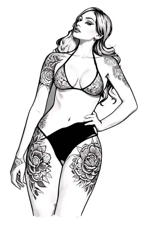 tattoo woman ware bikini show whole body standing Sideway tattoo design idea