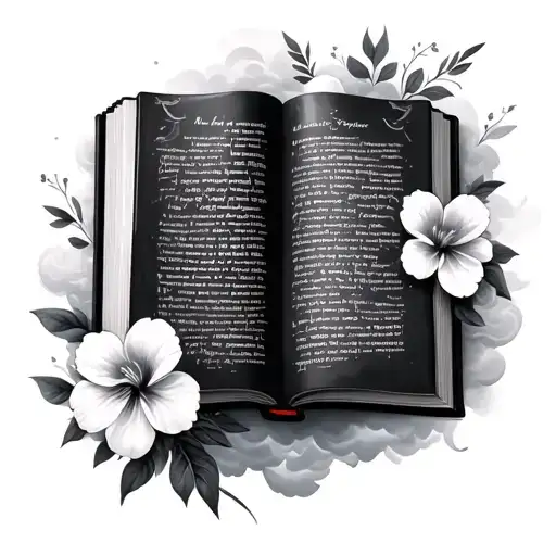 a bible book opened with scripts and clouds with flowers  tattoo design idea