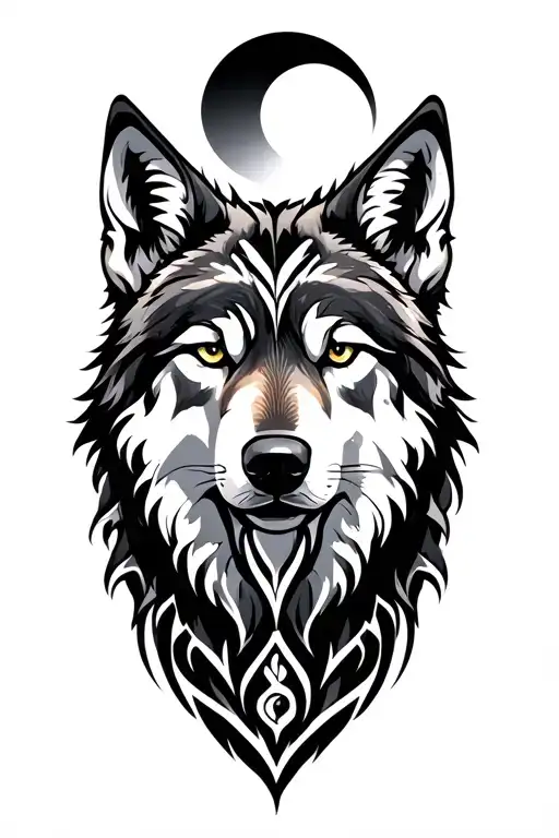 nordic tribal wolf with crecent moon tattoo design idea