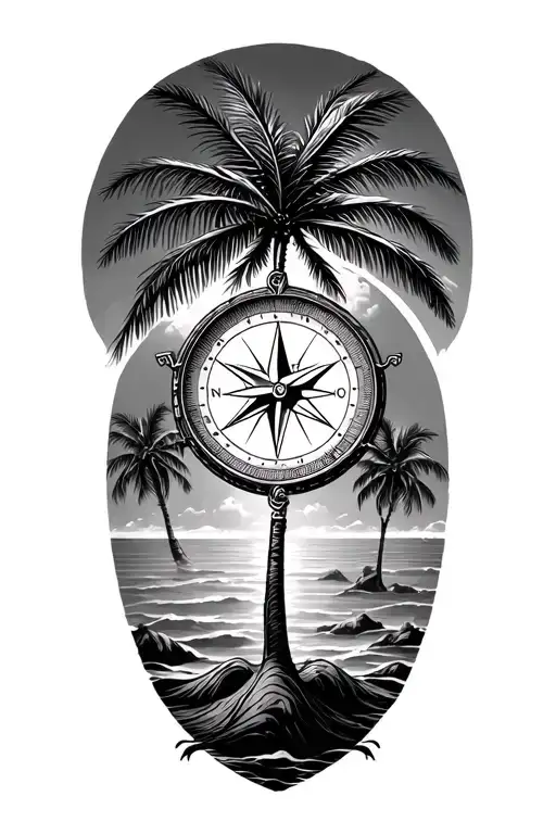 palm trees with compass tattoo design idea