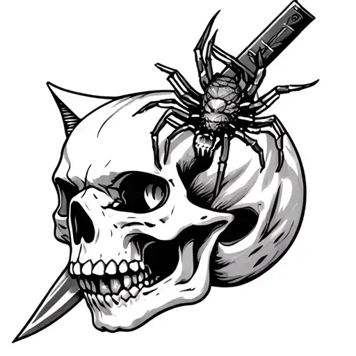 Cat skull with kunai knife through top of skull and spider in eye socket tattoo design idea